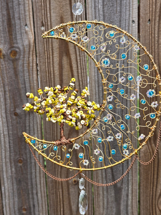Blue & Gold Filigree Moon w/ Tree