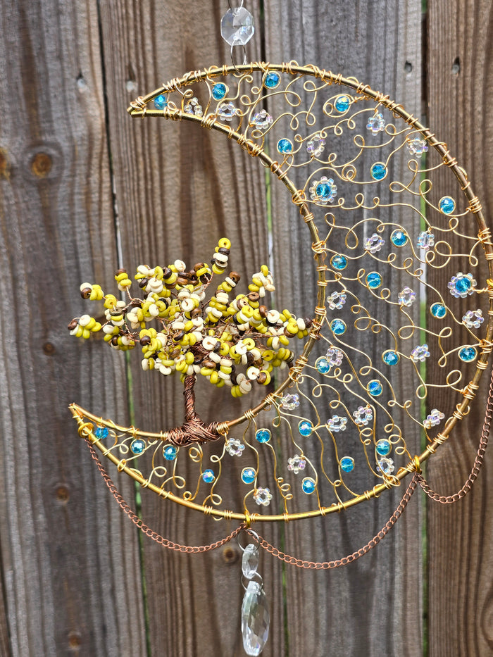 Blue & Gold Filigree Moon w/ Tree